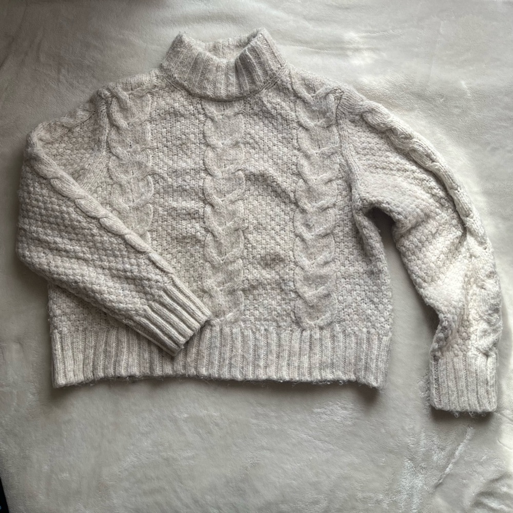 Wool Cable Knit Cropped Turtleneck Sweater